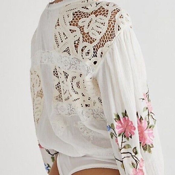 Free People Making Harmony XS & Sm Off White Embroidered Floral Boho Bodysuit - Picture 4 of 8